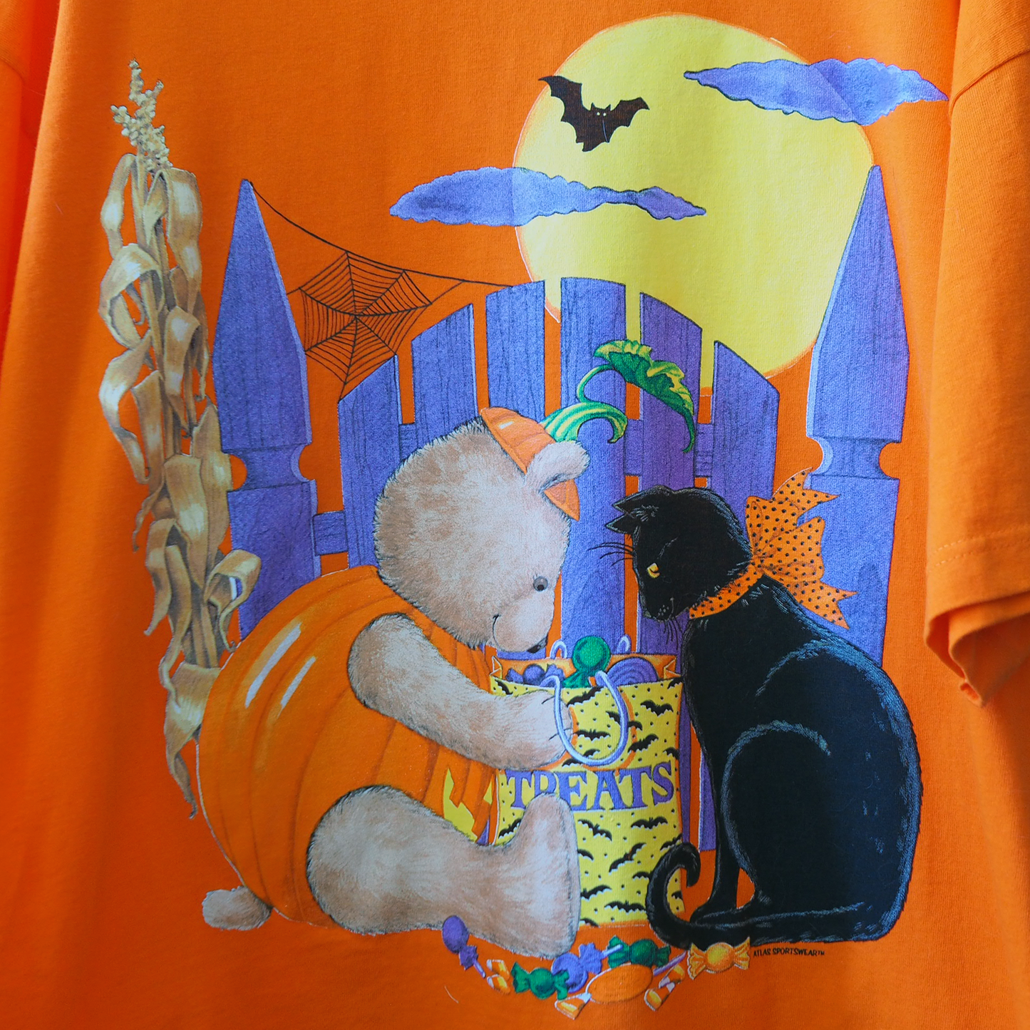 Black Cat & Teddy Bear Halloween Tee / 90s-
