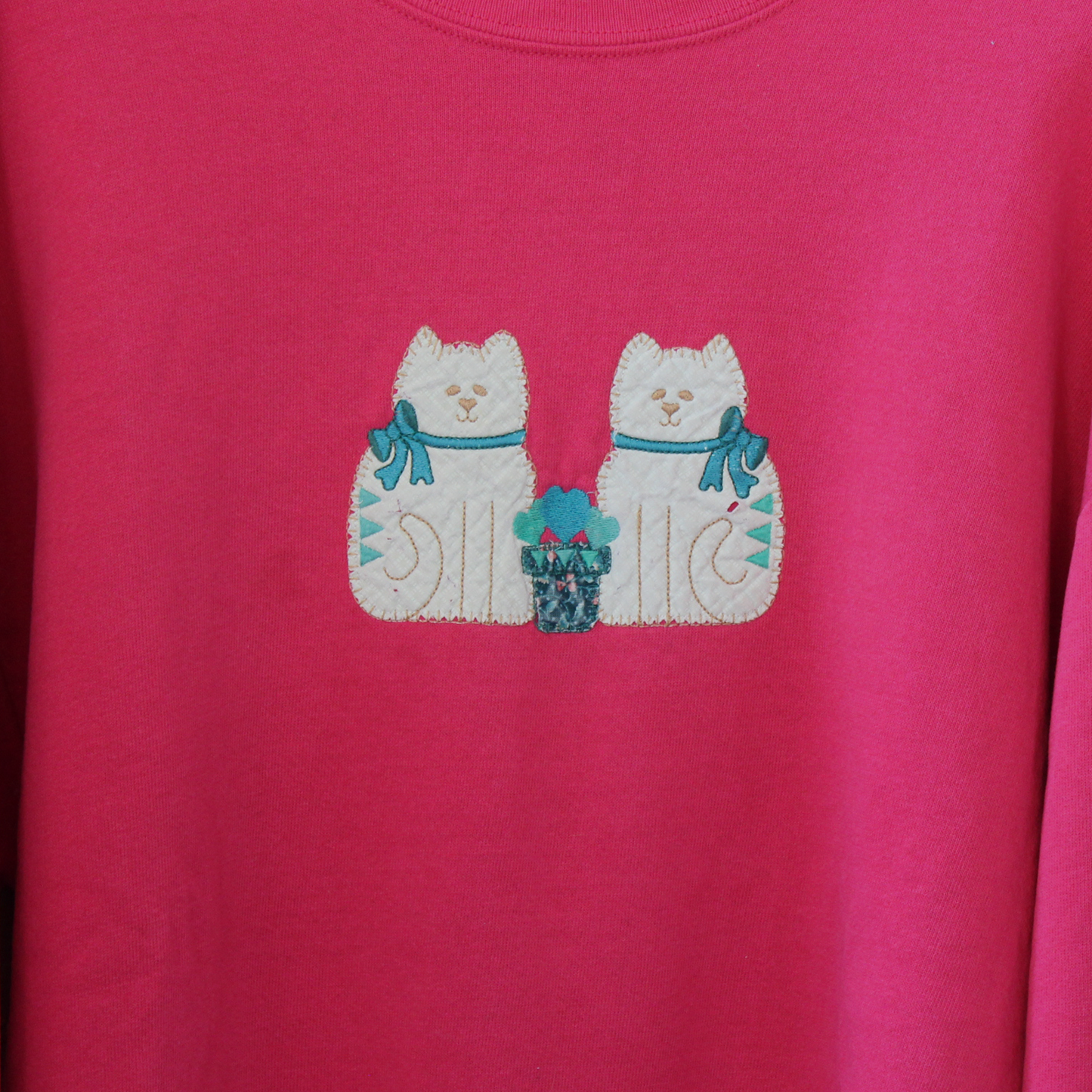 Cats and Flower Pot Patchwork Sweat / Pink / 90s / Made in USA