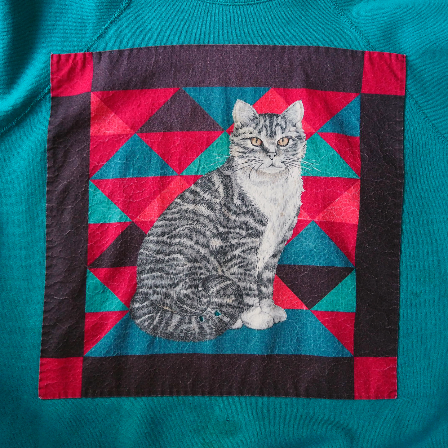Patchwork Cat Sweat / 80s / Made in USA