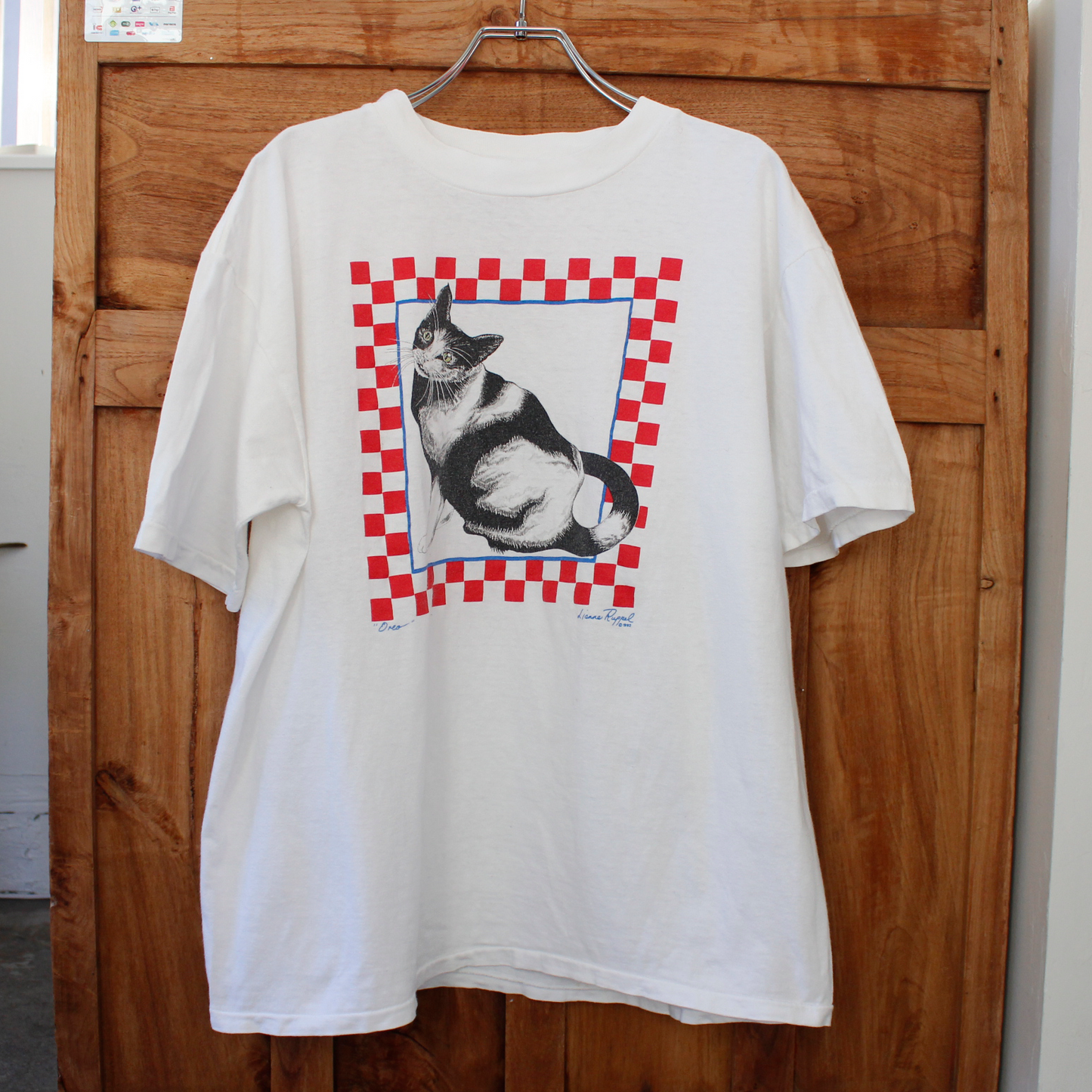 Checker Flag Cat Tee / 90s / Fabric Made in USA