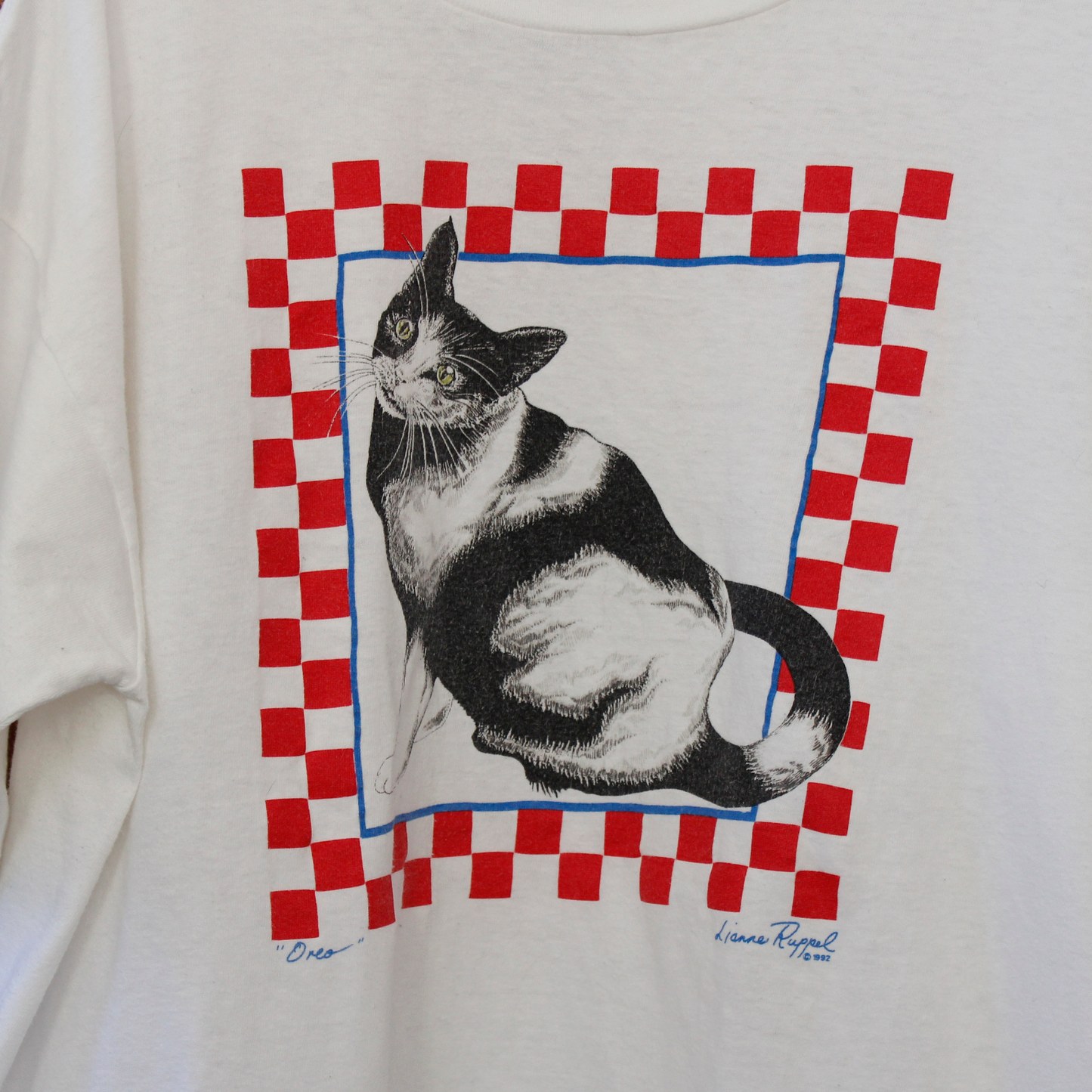 Checker Flag Cat Tee / 90s / Fabric Made in USA
