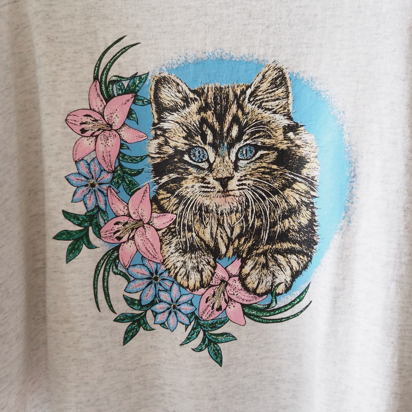 Kitten & Flower Ringer Tee / 90s / Made in USA