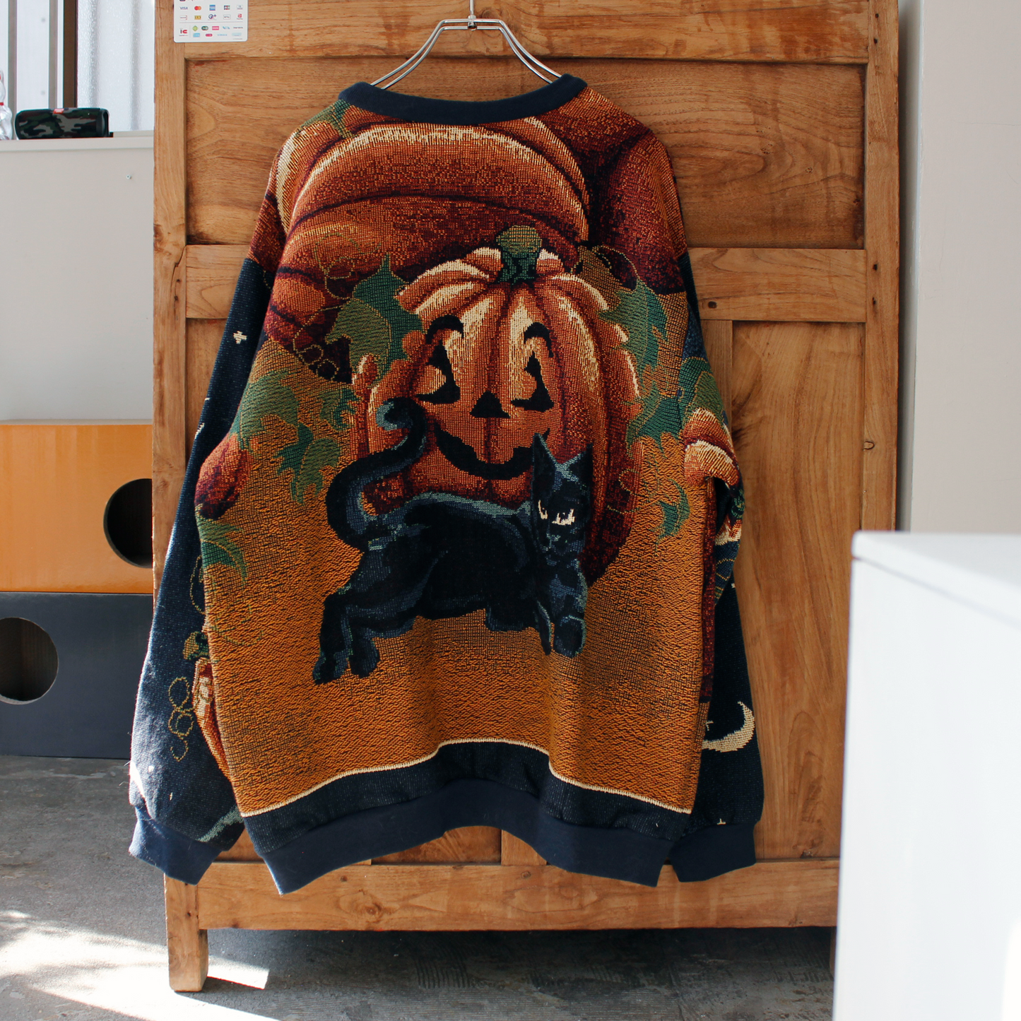 Pumpkin & Black Cat Sweater / Sugar Street Weavers / 90s