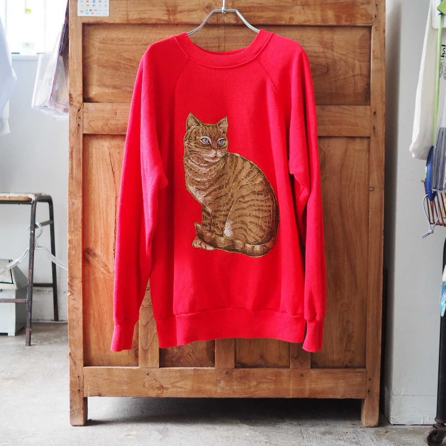 Glitter Brown Tabby Cat Sweat / 80s / Made in USA