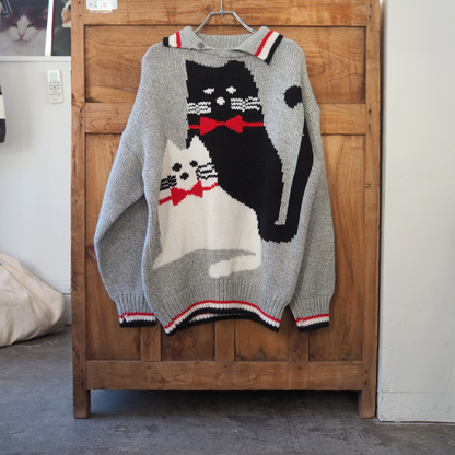 Bow-Tie Black & White Cats Knit Sweater / 80s-90s