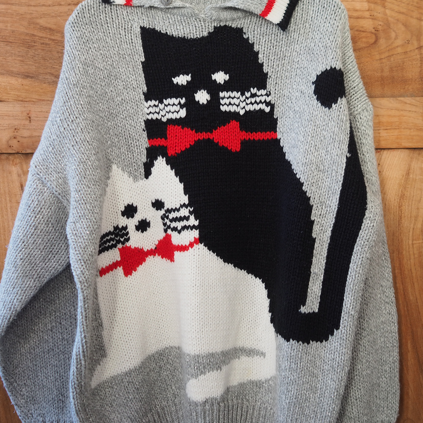 Bow-Tie Black & White Cats Knit Sweater / 80s-90s