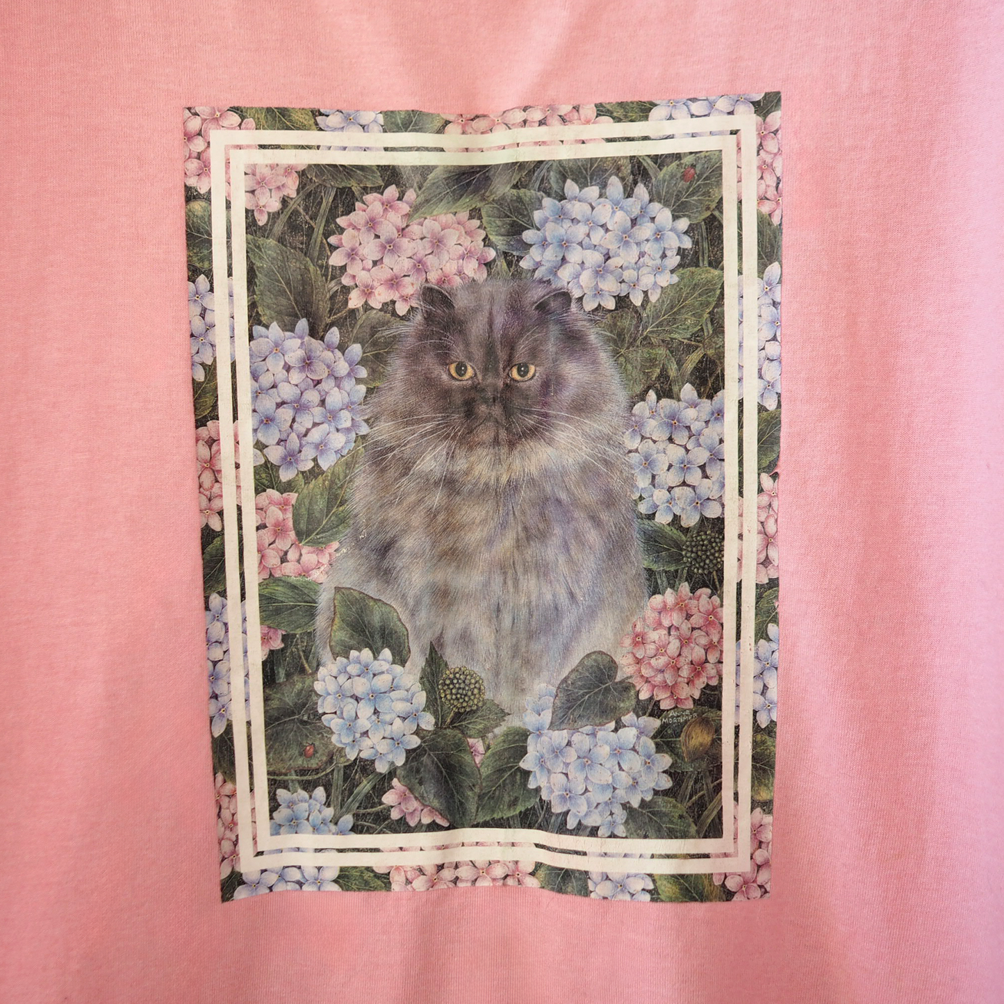 Cat & Hydrangea Tee / 90s / Made in USA
