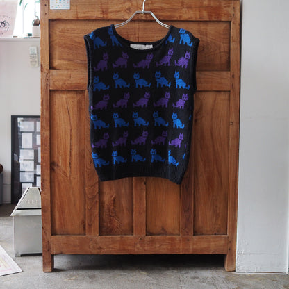 Purple & Blue Cat Pattern Knit Vest / 80s-