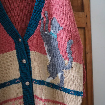 Grey Cat Handknit Cardigan Sweater