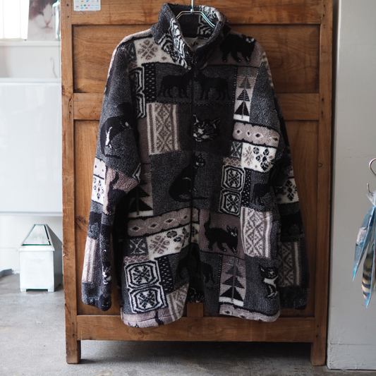 Mazmania All-Over Cats Print Fleece Jacket / 90s / Made in USA