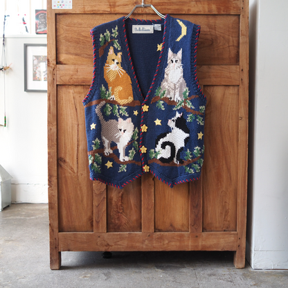 Cats at Night Knit Vest / 90s / Belle Pointe