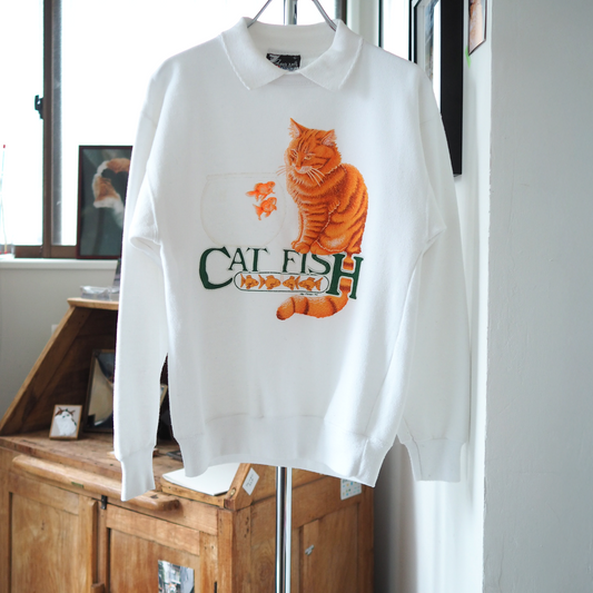 Cat Fish Collared Sweat / 90s / Made in USA