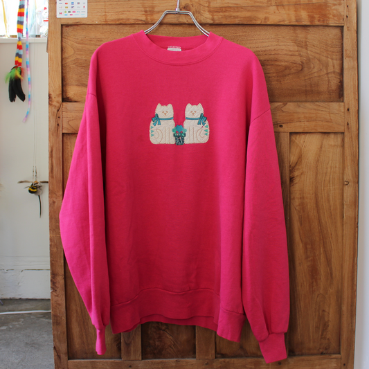 Cats and Flower Pot Patchwork Sweat / Pink / 90s / Made in USA
