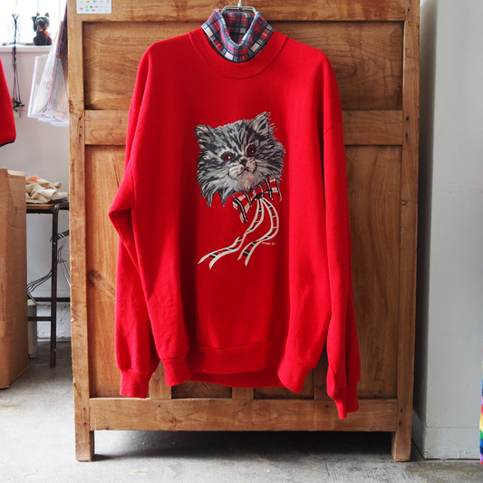 Checked Bow-Tie Cat Sweat / 90s / Made in USA