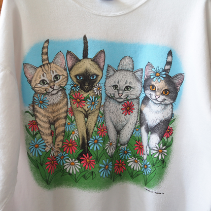 HEP CAT Kittens & Flowers Sweat / 90s / Made in USA