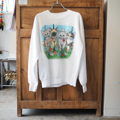 HEP CAT Kittens & Flowers Sweat / 90s / Made in USA