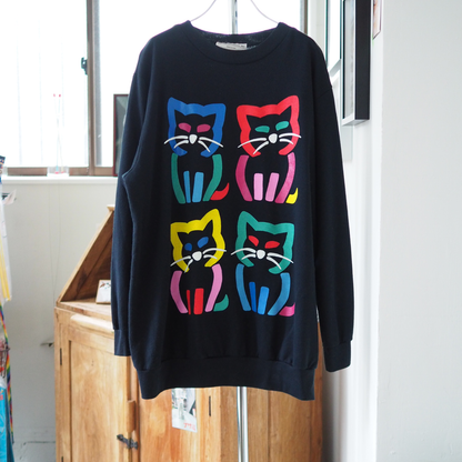Neon Pop Cat Sweater / 80s / Made in USA