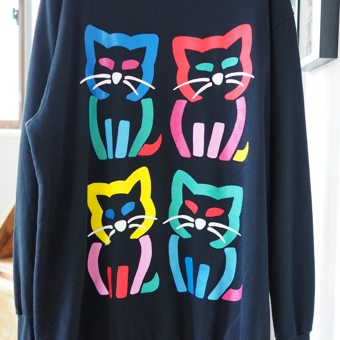 Neon Pop Cat Sweater / 80s / Made in USA