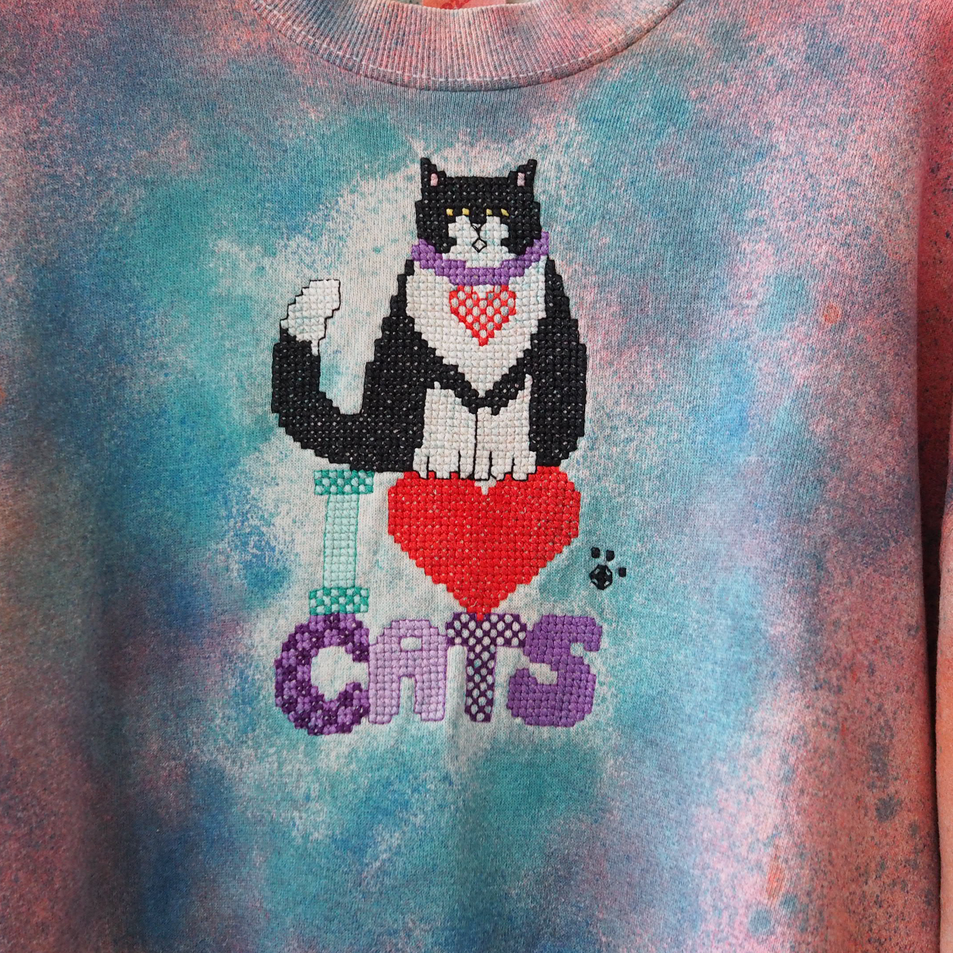 I ♡ Cats Hand-Painted Sweat / 90s / Made in USA - ネコ古着