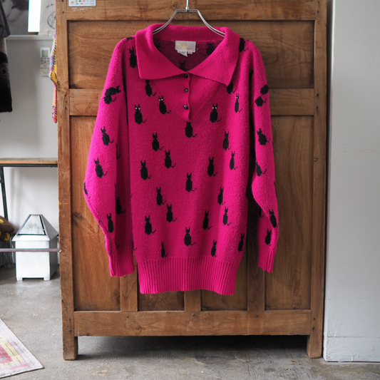 Black Cat Polo Sweater / 80s-