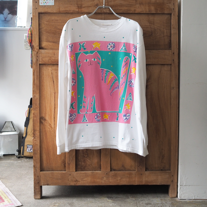 Pink Cat Illustration Long-Sleeve Tee / 90s-