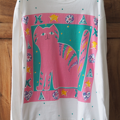Pink Cat Illustration Long-Sleeve Tee / 90s-