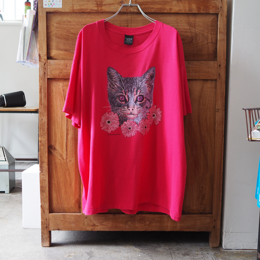 Cat & Flower Pink Tee / 90s / Made in USA