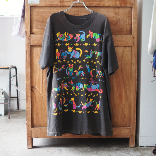 Psychedelic Neon Cat Tee / 90s / Made in USA