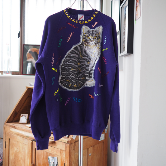 Silver Tabby Decorated Sweater / 90s / Made in USA