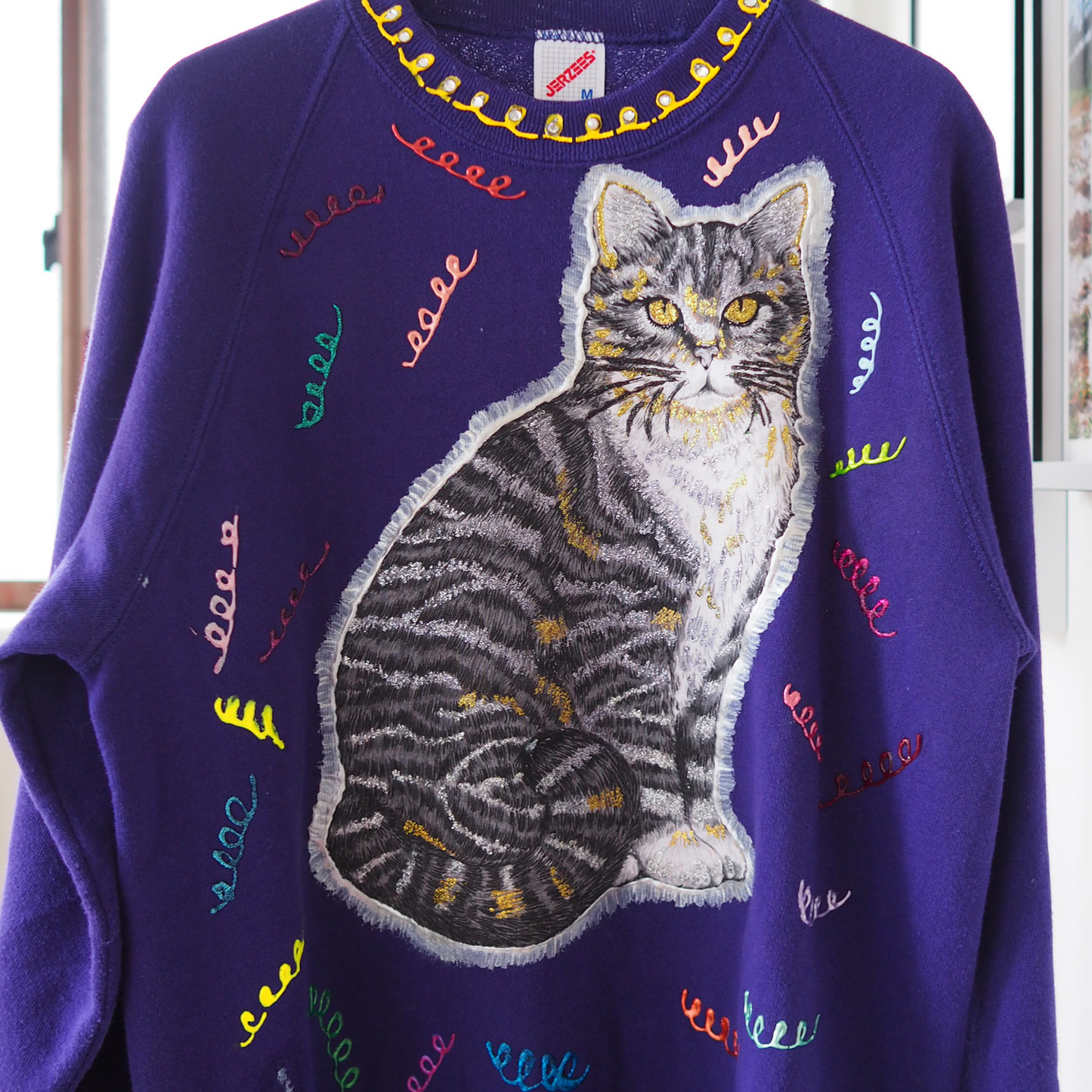 Silver Tabby Decorated Sweater / 90s / Made in USA