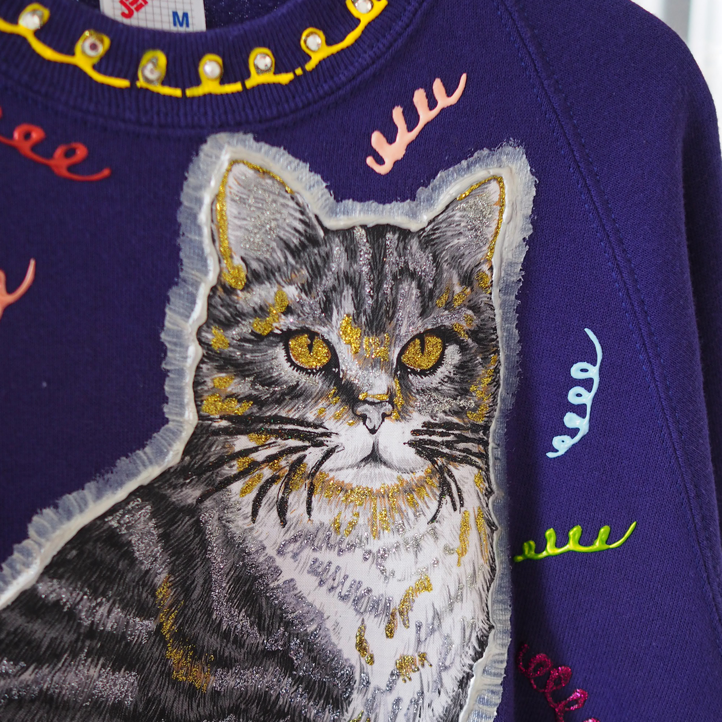 Silver Tabby Decorated Sweater / 90s / Made in USA