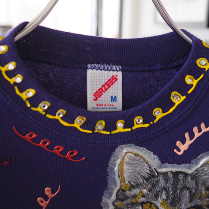 Silver Tabby Decorated Sweater / 90s / Made in USA