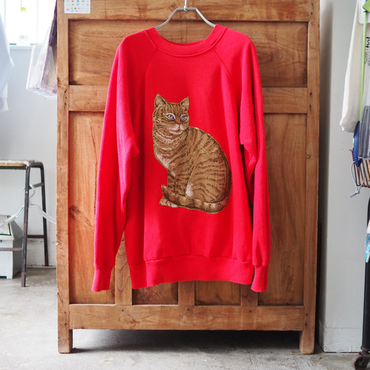 Glitter Brown Tabby Cat Sweat / 80s / Made in USA