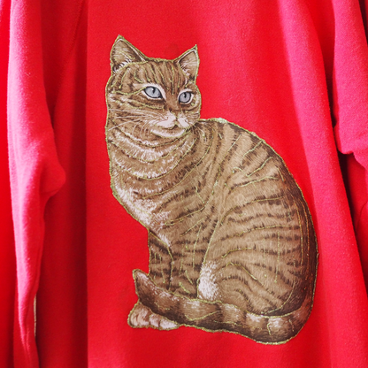 Glitter Brown Tabby Cat Sweat / 80s / Made in USA