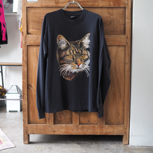 Tabby Cat Portrait Long-Sleeve Tee / 90s / Made in USA
